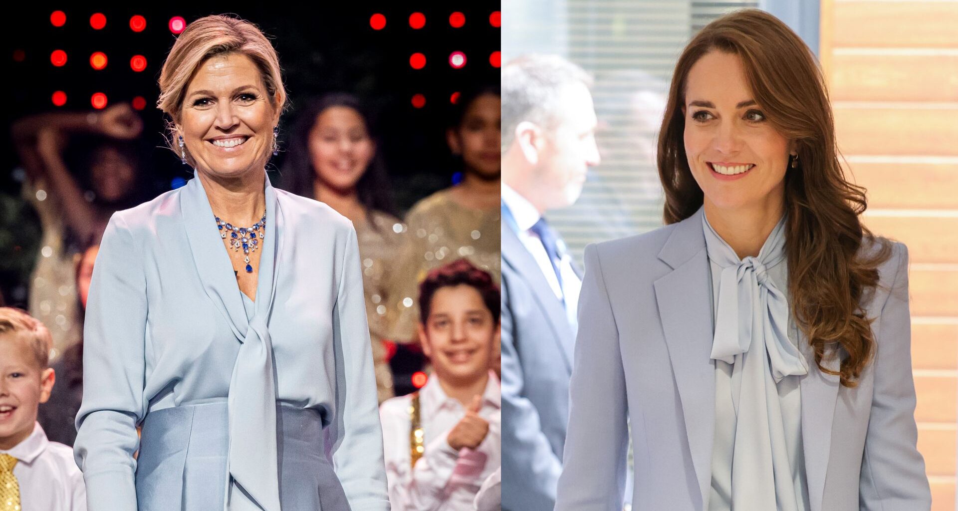 Queen Maxima wearing a blue tie-neck blouse and skirt smiling on stage; Princess Kate wearing a blue tie-neck blouse and coat