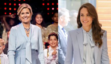 Queen Maxima wearing a blue tie-neck blouse and skirt smiling on stage; Princess Kate wearing a blue tie-neck blouse and coat