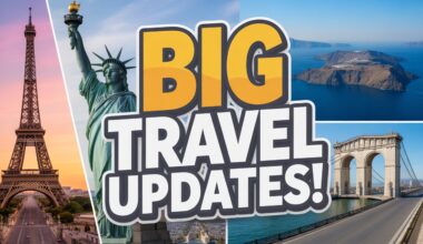 Create a dynamic composite image featuring world-renowned landmarks like the eiffel tower, statue of liberty, and the greek islands. Use bold, bright text that says “big travel updates! ” in an impactful, eye-catching design.