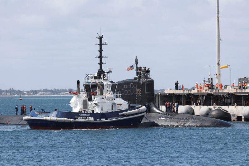 The USS Vermont, a U.S. nuclear-powered attack submarine, arrives at HMAS Stirling naval base in Perth, Australia, on Oct. 29.