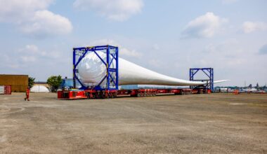 Workers moved turbine blades for the Vineyard Wind offshore facility at the New Bedford Marine Commerce Terminal in New Bedford on June 7, 2023.