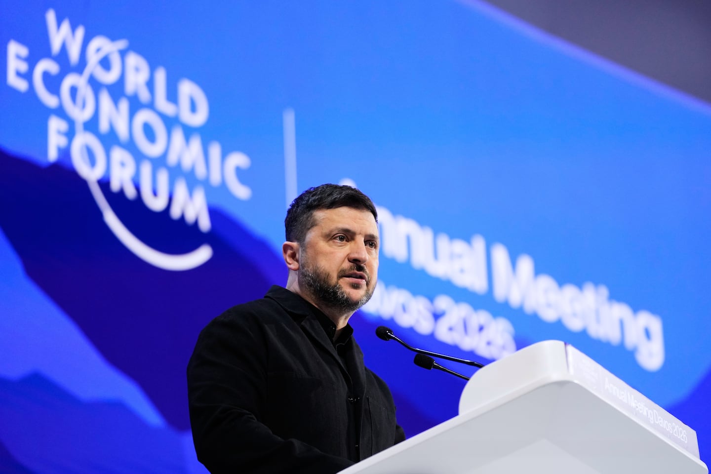 Ukraine's President Volodymyr Zelensky delivers a speech at the Annual Meeting of the World Economic Forum in Davos, Switzerland, Thursday, Jan. 22, 2026. 