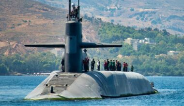 190907-N-UR565-0660NAVAL SUPPORT ACTIVITY SOUDA BAY, Greece (Sept. 7, 2019) The Ohio-class cruise missile submarine USS Florida (SSGN 728) arrives in Souda Bay, Greece, for a scheduled port visit, Sept. 7, 2019. NSA Souda Bay is an operational ashore base that enables U.S., allied, and partner nation forces to be where they are needed and when they are needed to ensure security and stability in Europe, Africa, and Southwest Asia. (Photo by Joel Diller/Released)