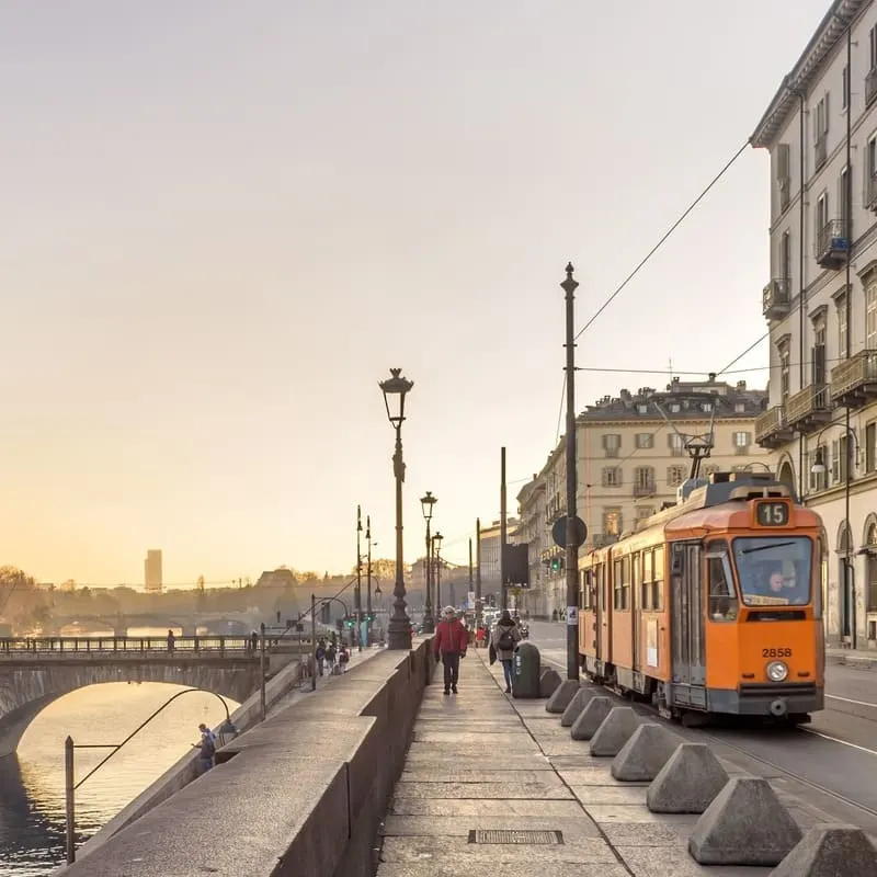 Po Riverside In Turin As A Tram Goes By, Italy
