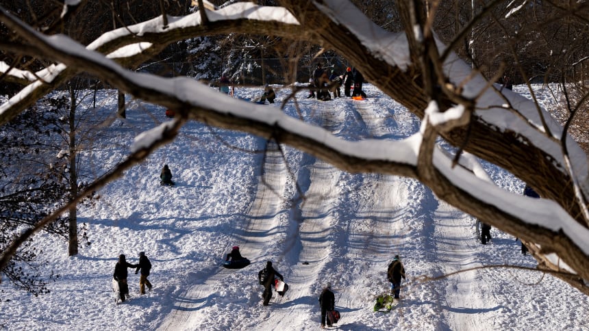 Canadian kids on a snowy day sledding down a hill.