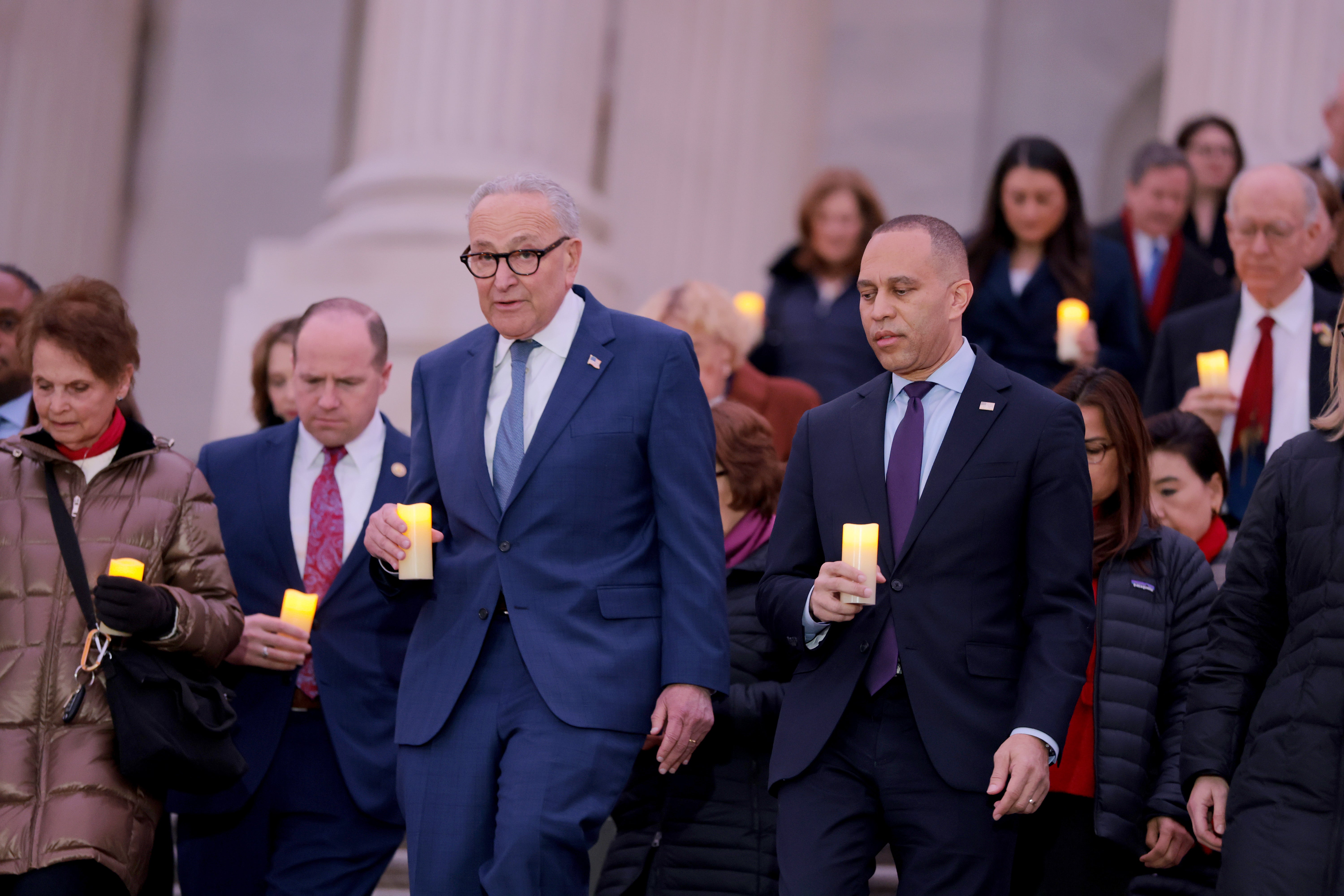 Vance’s post edited sombreros onto a freeze-frame of Democratic leaders Chuck Schumer, center left, and Hakeem Jeffries, center right, standing with their colleagues on the Capitol steps Tuesday