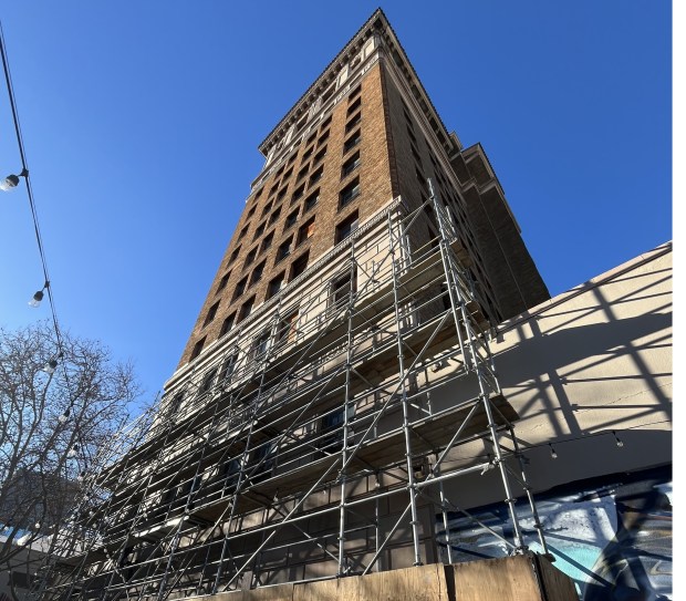 Scaffolds are visible next to the Bank of Italy historic tower at 12 South First Street in downtown San Jose, seen on Jan. 8, 2026.(George Avalos/Bay Area News Group)