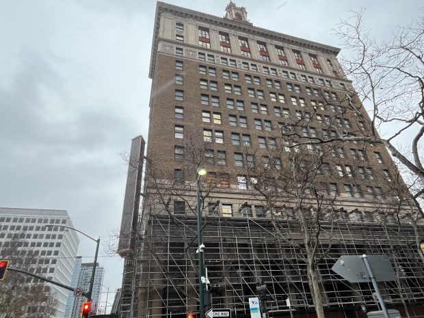 Bank of Italy historic tower and adjacent scaffolding at 12 South First Street in downtown San Jose, seen on Jan. 5, 2026.(George Avalos/Bay Area News Group)