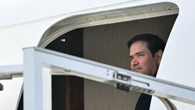 US Secretary of State Marco Rubio is seen at the door of Air Force One upon arrival at Zurich Airport on January 21, 2026. The World Economic Forum takes place in Davos from January 19 to January 23, 2026. (AFP)