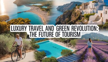A dynamic and impactful youtube thumbnail showcasing spain, greece, and france with stunning landscapes, luxury resorts, and eco-friendly tourism activities, blended with overlay text 'luxury travel and green revolution: the future of tourism'. The image should be vibrant and eye-catching, combining elements of nature, luxury, and sustainability with a modern, professional feel, perfect for an impactful presentation of the tourism industry. "