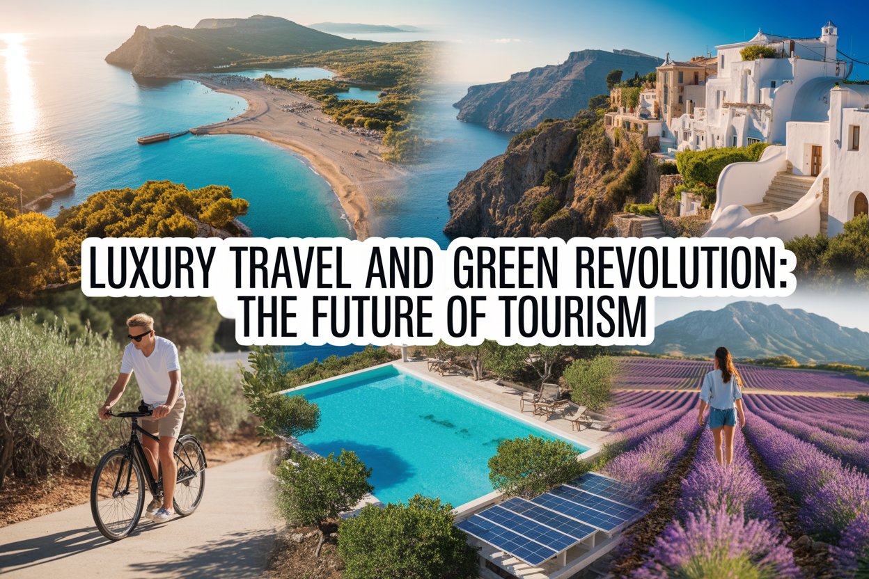 A dynamic and impactful youtube thumbnail showcasing spain, greece, and france with stunning landscapes, luxury resorts, and eco-friendly tourism activities, blended with overlay text 'luxury travel and green revolution: the future of tourism'. The image should be vibrant and eye-catching, combining elements of nature, luxury, and sustainability with a modern, professional feel, perfect for an impactful presentation of the tourism industry. "