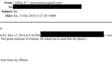 A 2014 email sent to Jeffrey Epstein refers to an “Estonian prime minister”; Epstein’s reply reads simply: “fun”. Source: US Justice Department.