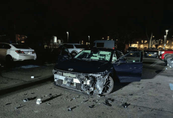 An undercover Border Patrol vehicle was severely damaged on Jan. 8, 2026, when the driver of a pick-up truck rammed into the sedan multiple times during a traffic stop. (Courtesy image: DOJ)