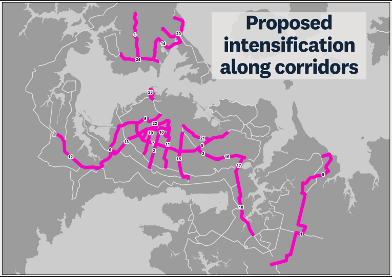 A grey map shows highlighted bright pink corridors across Europe and Asia, labeled with numbers. Text box reads: "Proposed intensification along corridors." White background with dark outlines of countries.