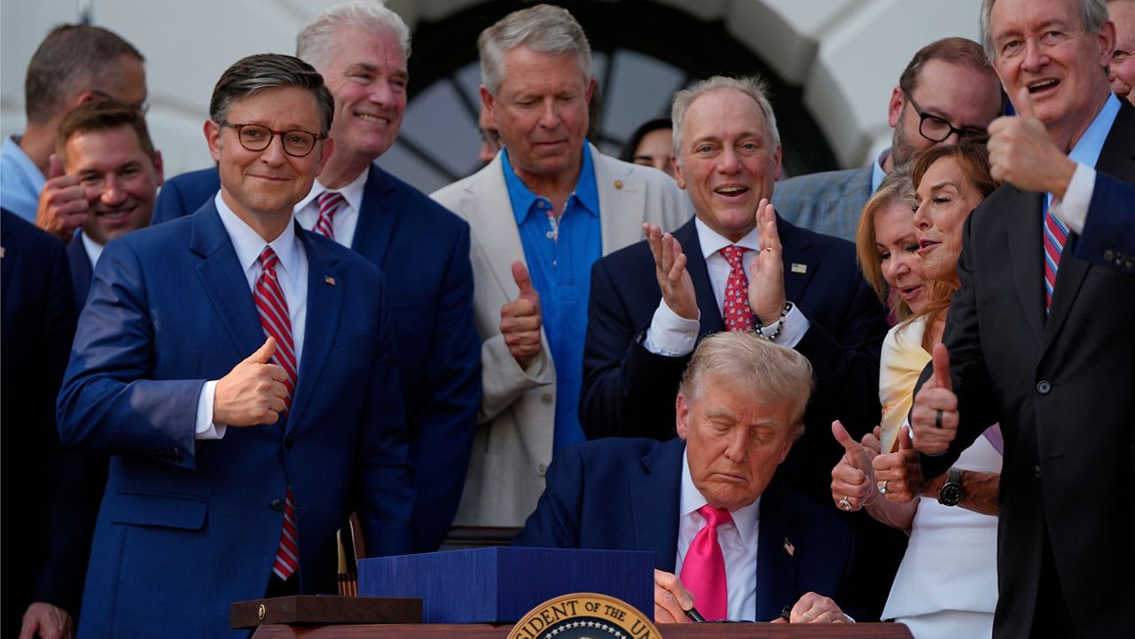 President Donald Trump signs his signature bill of tax breaks and spending cuts at the White House, July 4, 2025, in Washington, surrounded by members of Congress. (AP Photo/Julia Demaree Nikhinson, File)