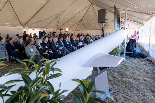 A full-scale model of a Naval Strike Missile, one of the missiles that Kongsberg builds, is on display during a groundbreaking ceremony for the new facility in James City County on Friday, Jan. 16, 2026. (Sara Harris/Consociate Media)