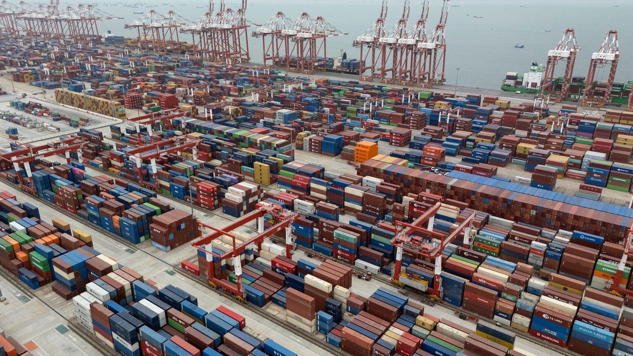 Shipping containers are seen ready for transport at the Guangzhou Port in the Nansha district in southern China's Guangdong province, April 17, 2025. (AP Photo/Ng Han Guan, File)