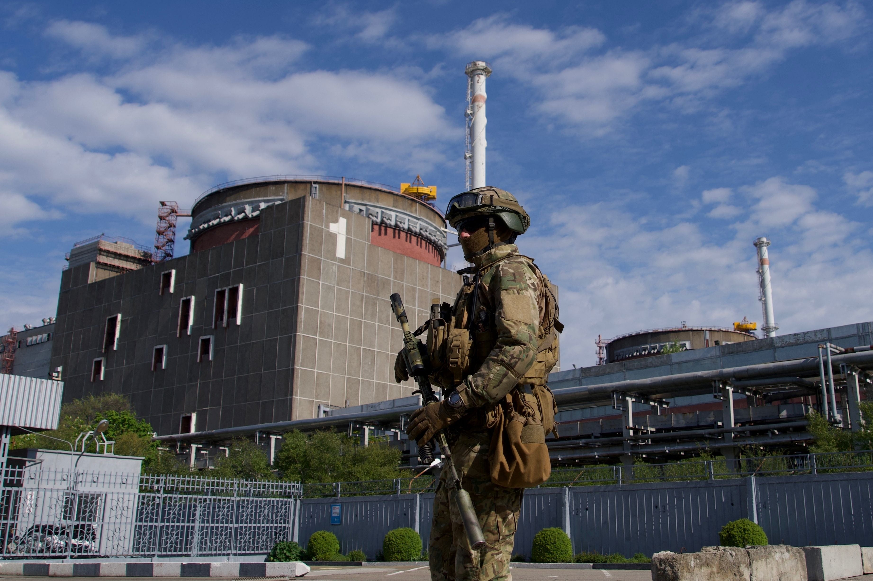 A Russian serviceman patrols the territory of the Zaporizhzhia Nuclear Power Station in southeastern Ukraine