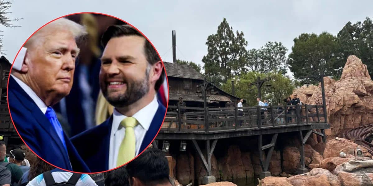 JD Vance and Donald trump while Disneyland shuts down ride for JD Vance