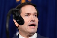 Secretary of State Marco Rubio speaks during a news conference with President Donald Trump...