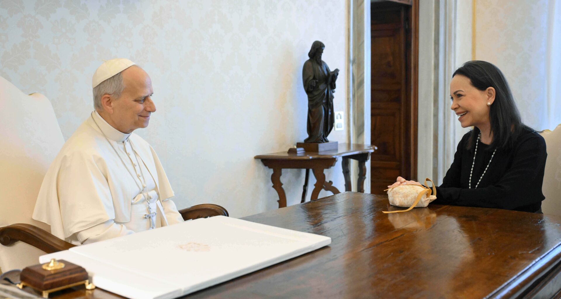 Pope Leo XIV meeting with Nobel Peace Prize laureate María Corina Machado of Venezuela at the Vatican