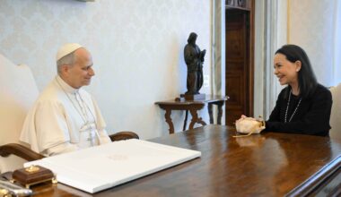 Pope Leo XIV meeting with Nobel Peace Prize laureate María Corina Machado of Venezuela at the Vatican
