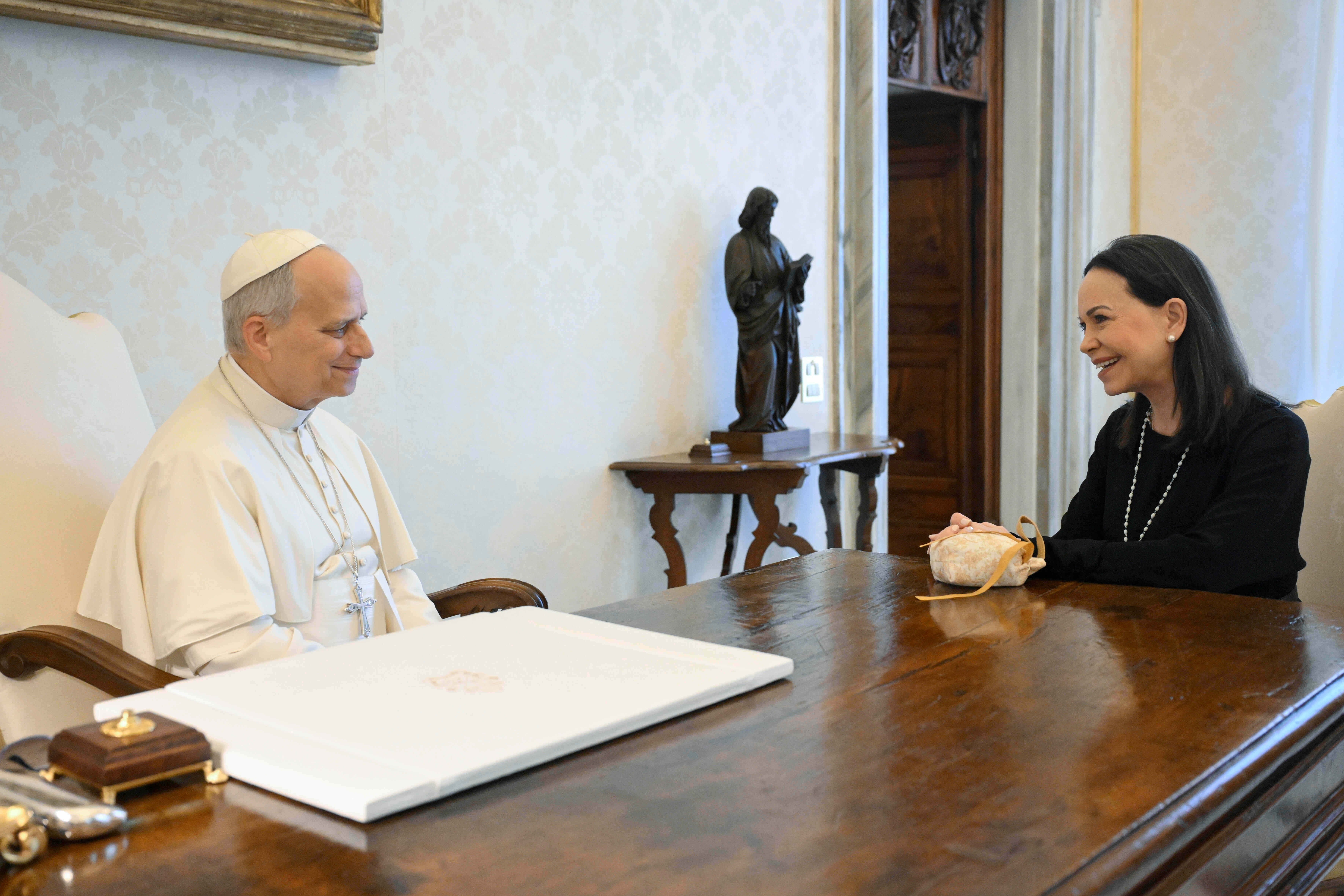 Pope Leo XIV meeting with Nobel Peace Prize laureate María Corina Machado of Venezuela at the Vatican