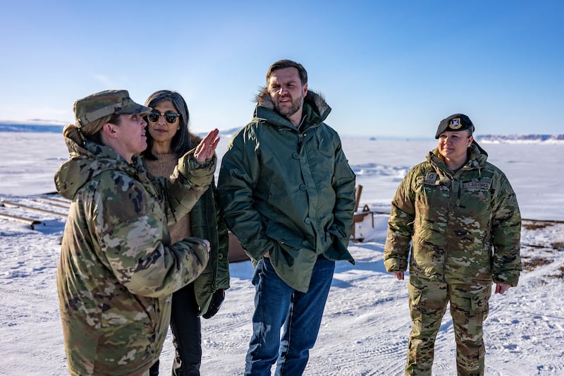 Vice President JD Vance and Second Lady Usha Vance during a visit to the U.S. military's Pituffik Space Base in Greenland on March 28, 2025. The visit is viewed by Copenhagen and Nuuk as a provocation amid President Donald Trump's bid to annex the strategically-placed, resource-rich Danish territory.
