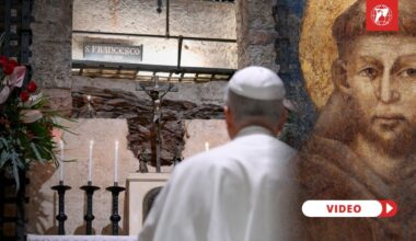 Pope Leo prays at the tomb of St. Francis in Assisi. Credit: Vatican Media. Giotto's portrait of St. Francis. Credit: Public domain.