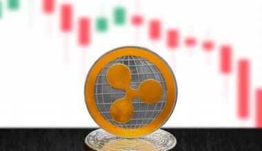 XRP token standing on the other coin with a candle price chart in the back, clearly downward one