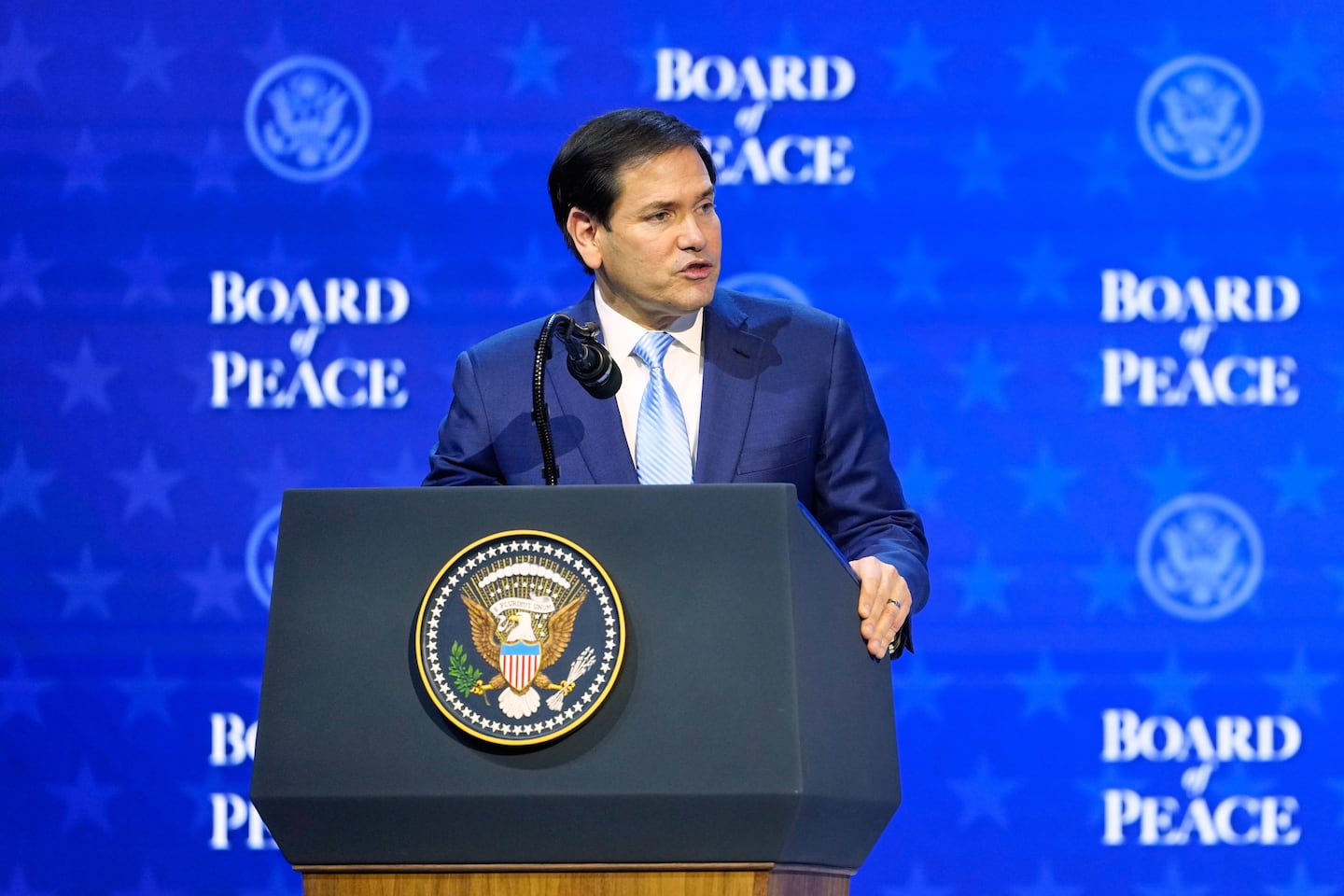 Marco Rubio, United States Secretary of State, speaks during a session on the Board of Peace initiative of US President Donald Trump at the Annual Meeting of the World Economic Forum in Davos, Switzerland, Thursday, Jan. 22, 2026. (AP Photo/Markus Schreiber)
