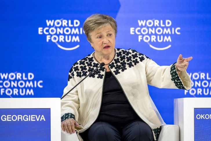 Kristalina Georgieva, managing director of International Monetary Fund (IMF), speaks during the final day of the World Economic Forum (WEF) annual meeting in Davos, Friday. AFP-Yonhap