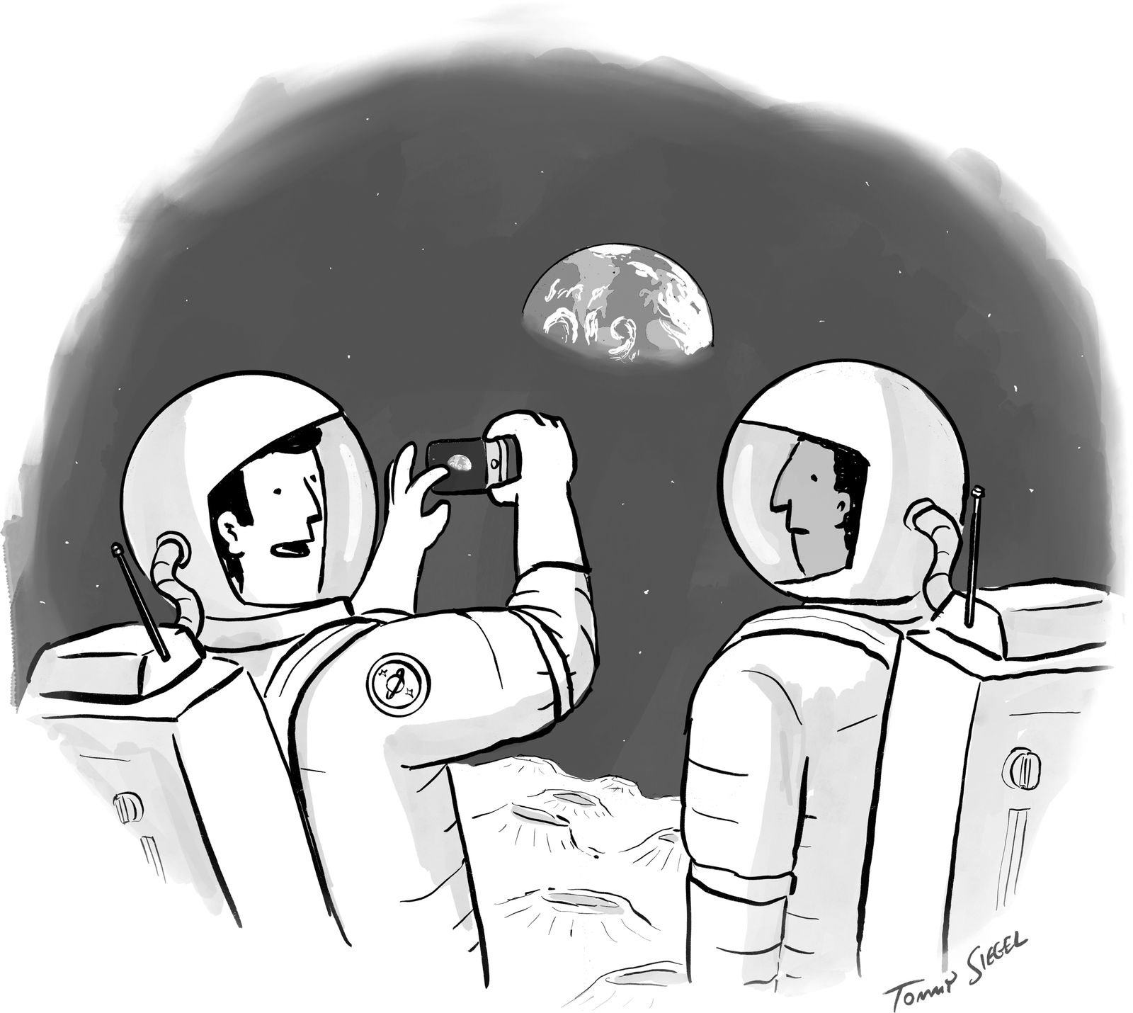 Astronaut on moon taking picture of Earth with cell phone while another astronaut watches.
