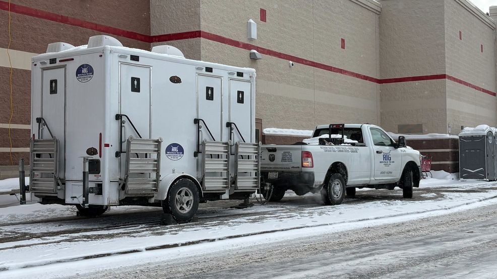 A porta-potty trailer arrives at Target in Greece, Friday, Jan. 30, 2026. (Photo by Christian Garzone/WHAM){p}{/p}