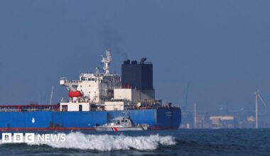 A French navy boat alongside the GRINCH oil tanker, intercepted by France in the Alboran Sea on suspicion of operating under a false flag and belonging to Russia's shadow fleet.