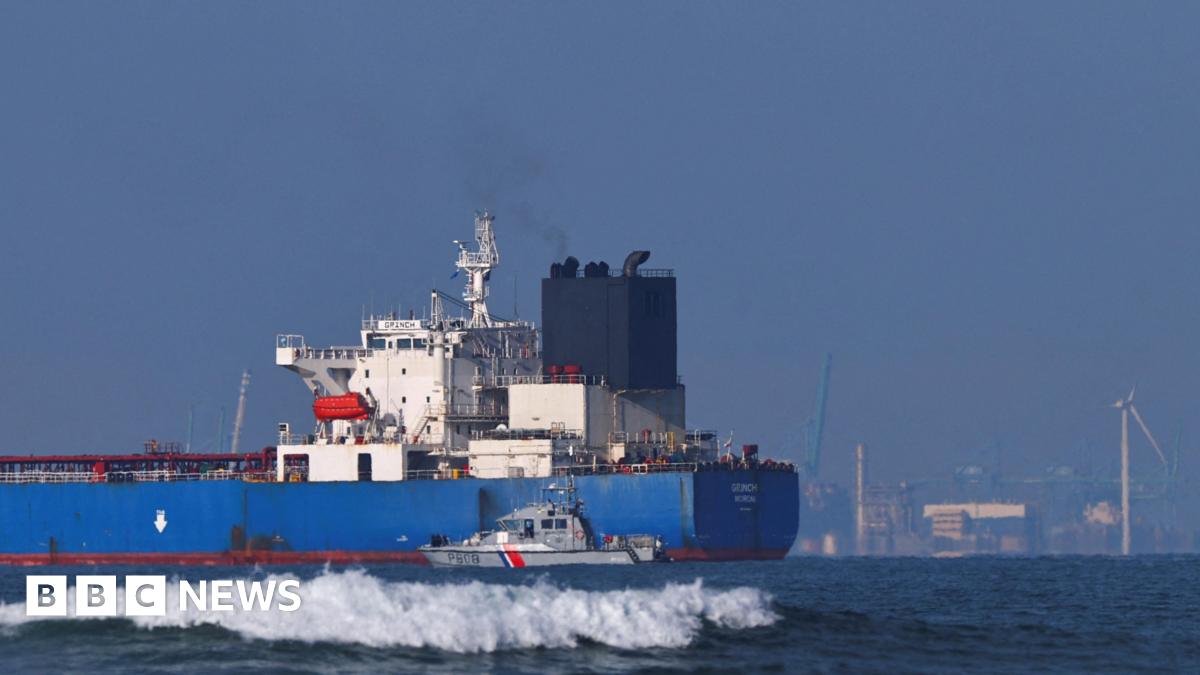 A French navy boat alongside the GRINCH oil tanker, intercepted by France in the Alboran Sea on suspicion of operating under a false flag and belonging to Russia's shadow fleet.