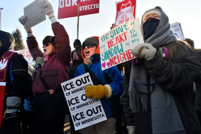 Protesters convene on the Bishop Whipple Federal Building to oppose ICE detentions almost week after Alex Pretti was killed by ICE agents in Minneapolis, Minnesota, on January 30, 2026.