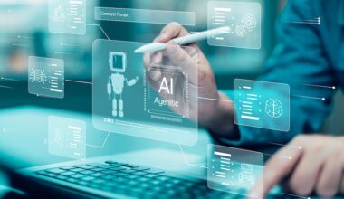 Digital interface showing agentic AI and autonomous agent controls on a laptop screen in a modern workspace
