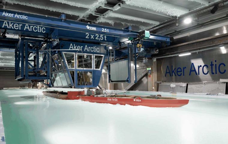 In Helsinki is an ice testing center at the Aker Arctic Technology's with a scale model of an icebreaker floating in a 70-meter-long simulation tank. 