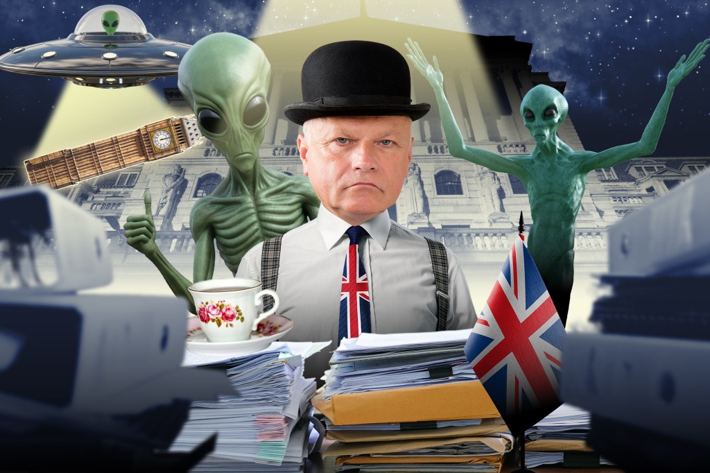 Collage of a man in a bowler hat and Union Jack tie, with aliens, a UFO, Big Ben, and the Bank of England in the background.