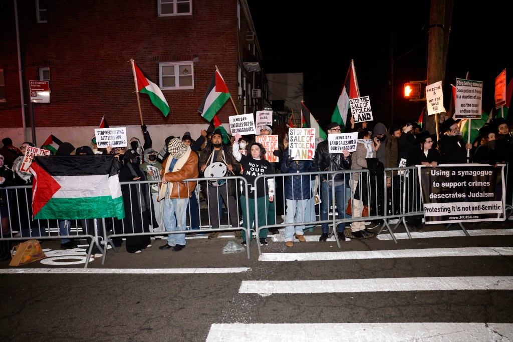 Anti-Israel demonstrators protest in the Kew Gardens Hills neighborhood of Queens, New York.