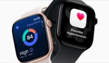 A close up of two Apple Watches: the first showing a High sleep score, the second showing "Possible hypertension" notification