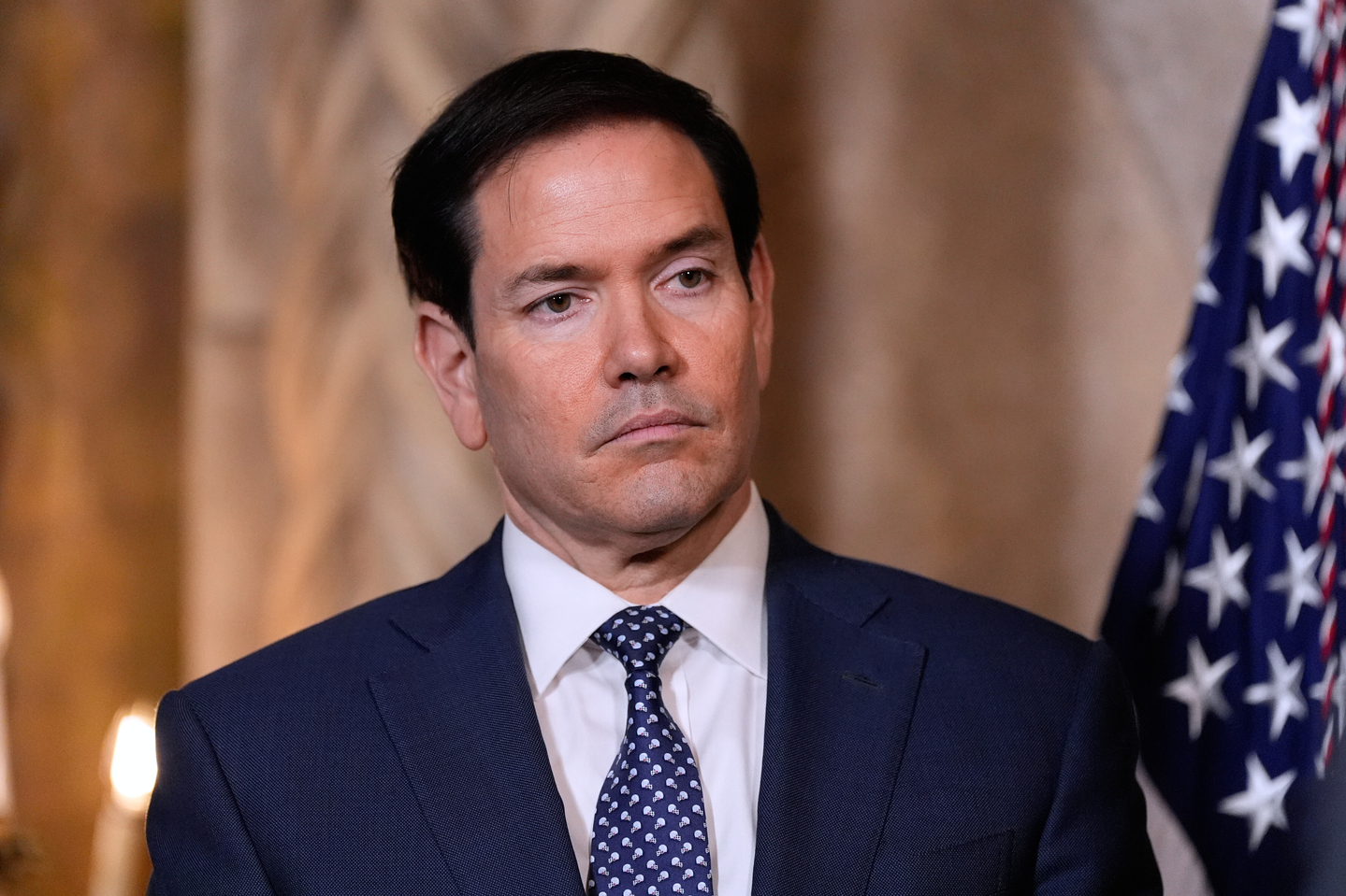 U.S. Secretary of State Marco Rubio listens as President Donald Trump speaks at his Mar-a-Lago club in Palm Beach, Florida, on Dec. 22, 2025. [AP/YONHAP]