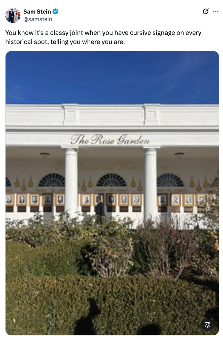 A building facade labeled "The Rose Garden," with a tweet noting the use of cursive signage for added elegance