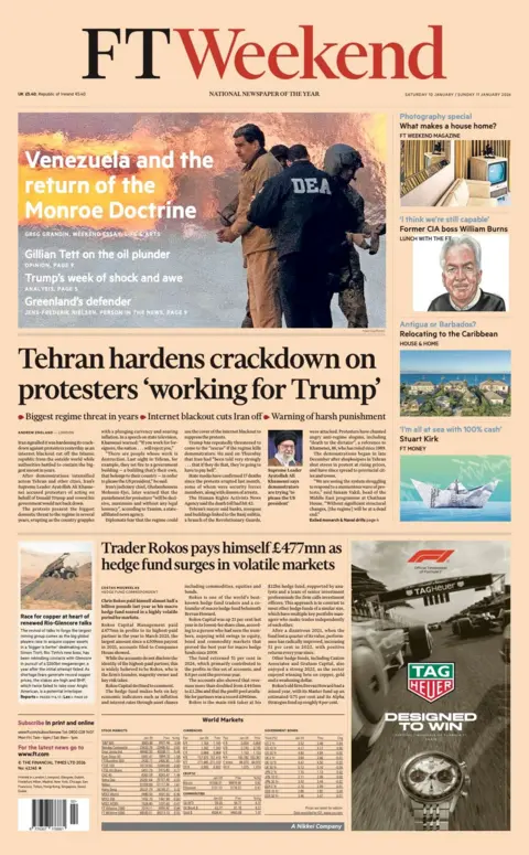 The headline on the front page of the Financial Times reads: “Tehran hardens crackdown on protesters 'working for Trump'”.
