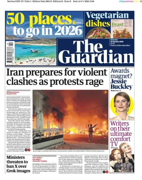 The headline on the front page of the Guardian reads: “Iran prepares for violent clashes as protests rage".