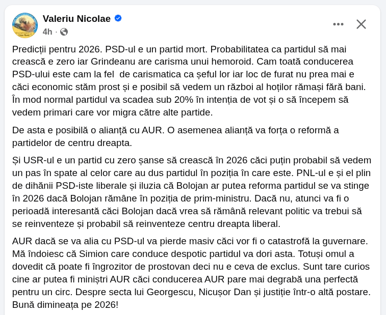 Predicții pentru 2026. PSD-ul e un partid mort. Probabilitatea ca partidul să mai crească e zero iar Grindeanu are carisma unui hemoroid.