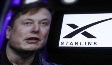 Elon Musk with the Starlink satellite logo in the background during an event, 2023. (AFP Photo)