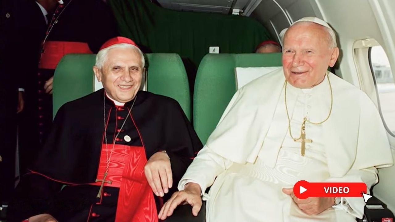 Cardinal Joseph Ratzinger aboard a flight with Pope John Paul II. Credit: EWTN Vatican
