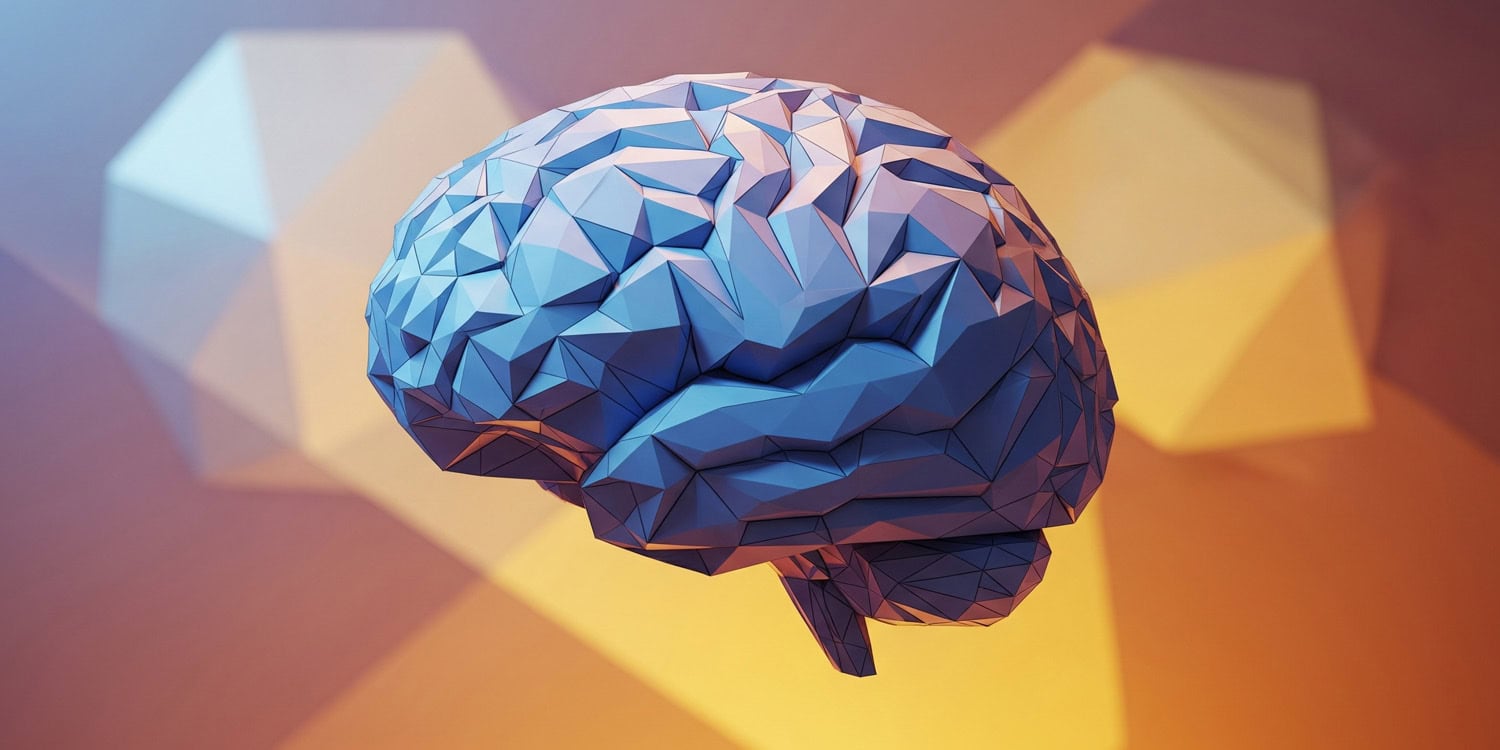 Futuristic low-poly illustration of a human brain with vibrant lighting and geometric background.